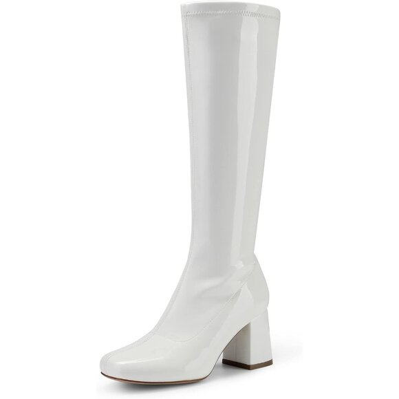 🆕WomenWhite Patent PU Faux Leather Gogo Boots Square Toe Chunky Heel Disco Fall - Picture 1 of 8